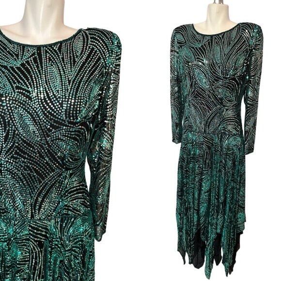 Vtg 80s Black Tie He-ro Green Sequin Dress Handkerchief Hem Size 12 100% Silk - Picture 1 of 9